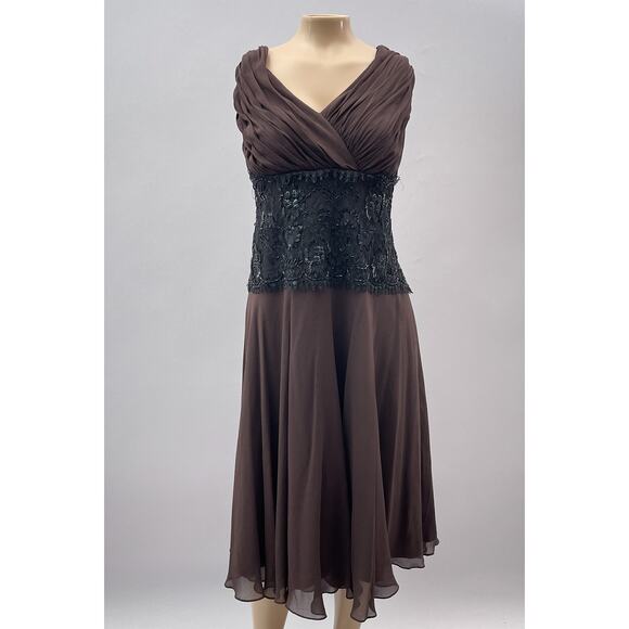Tadashi Collection Dress Women 18 Brown Silk Black Beaded Whimsygoth Cocktail - Picture 1 of 11